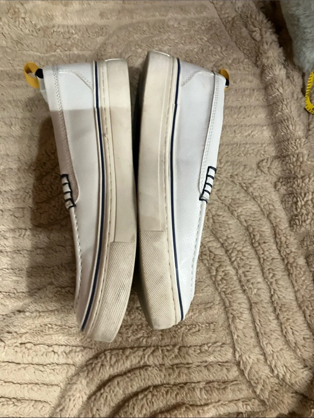 Bruno Magli White Leather Slip-On Loafers with Navy and Yellow Accents